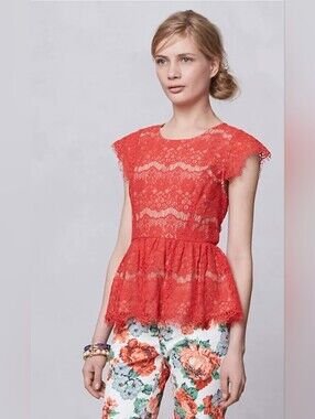 Anthropologie Maeve Katrine Orange Lace Peplum Top Size L